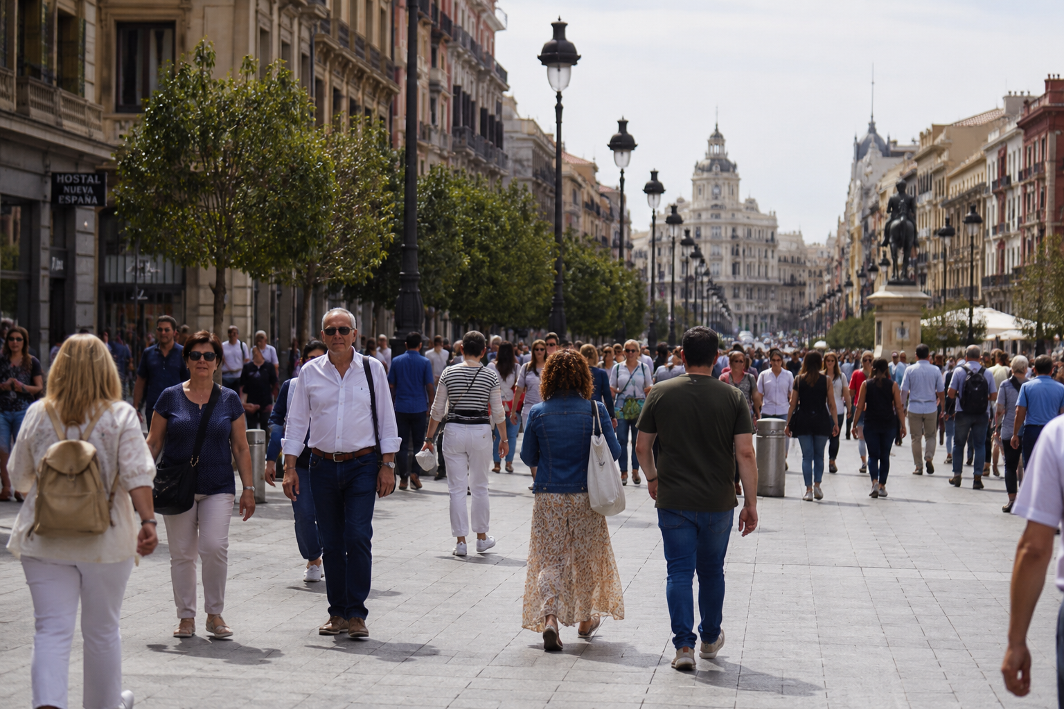 Ciudad española con ciudadanos paseando por una avenida peatonal